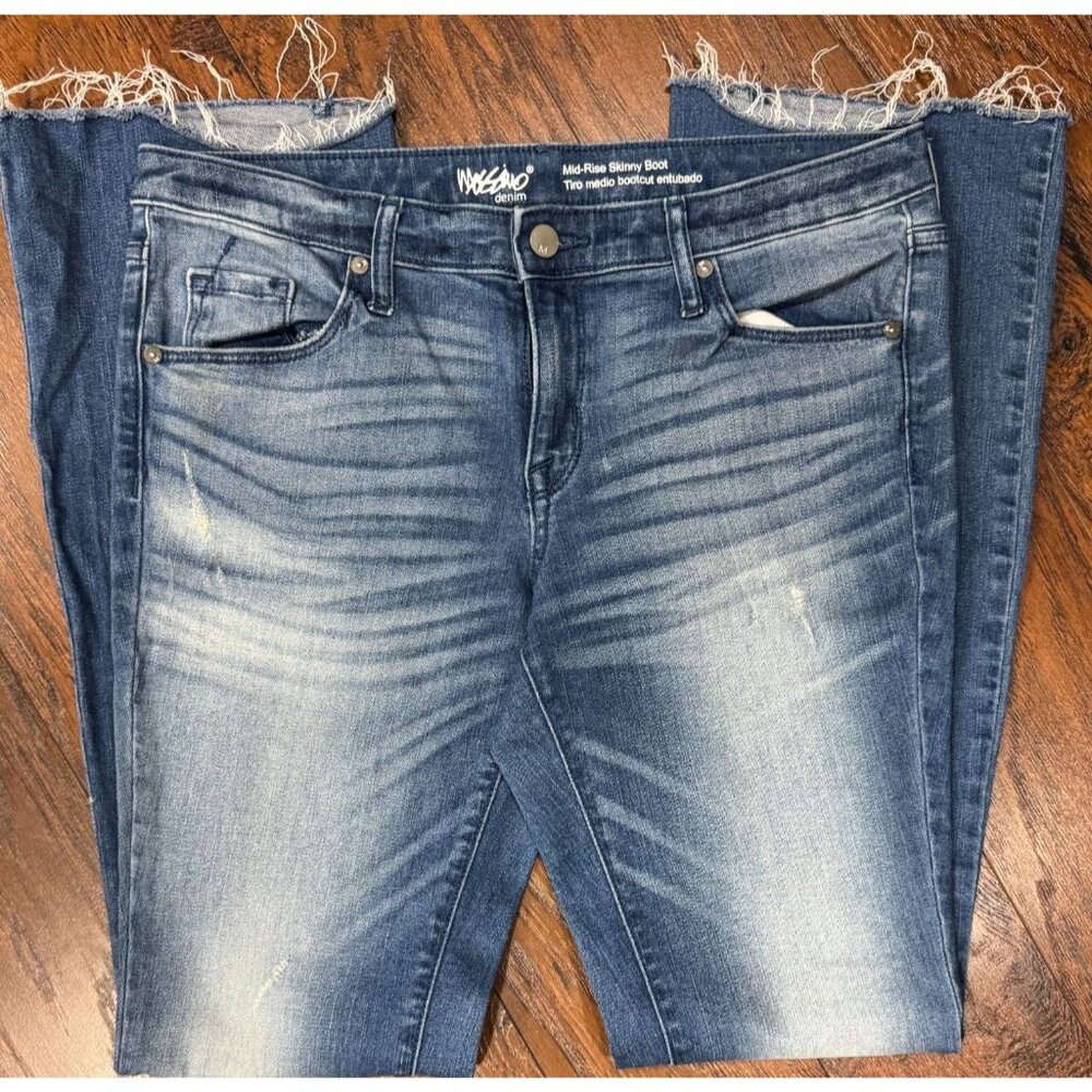 Washed Denim Mid-Rise Skinny Bootcut Jeans Womens Size 6R Frayed Hem STRETCH